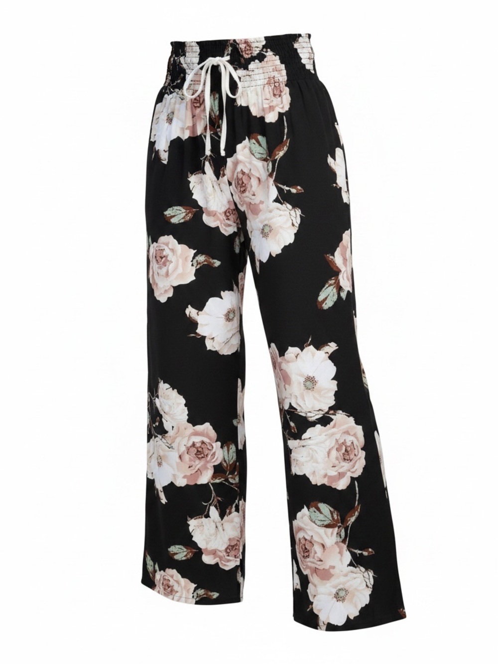 SHEIN CURVE Floral Print Wide Leg Pants Elastic Waistband Black LT Pink SZ 1XL